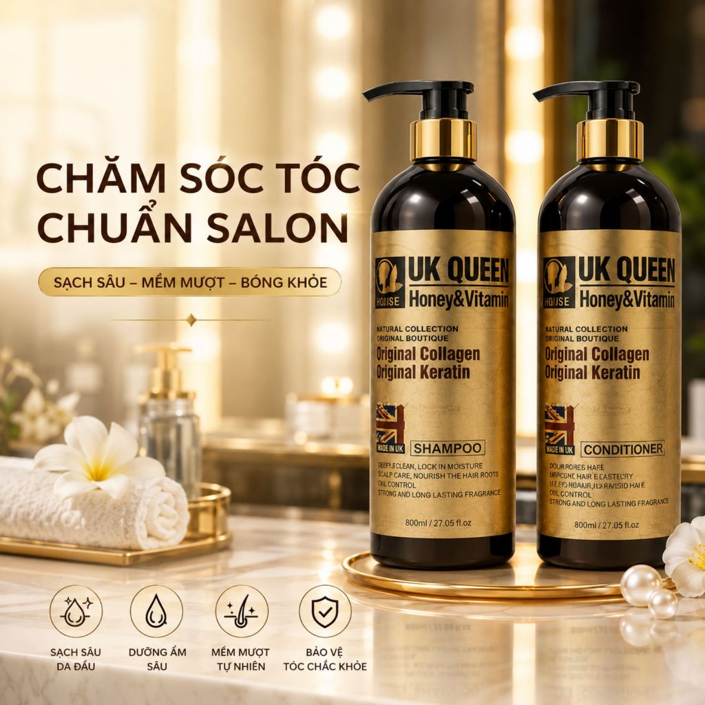 Combo Gội Xả UK QUEEN Honey & Vitamin 800ml | Sạch Thoáng Da Đầu, Tóc Mềm Mượt & Bóng Khỏe