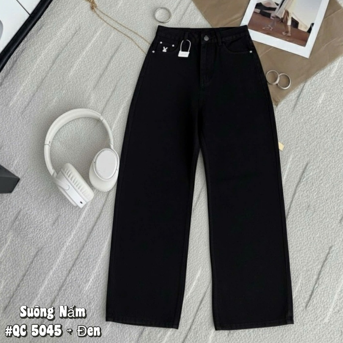 Quần Kaki Nữ Suông Ống Rộng Quần Jean Lưng Cao Thêu Thỏ Suông Dài 100cm Diệu Trang Fashion QC5045
