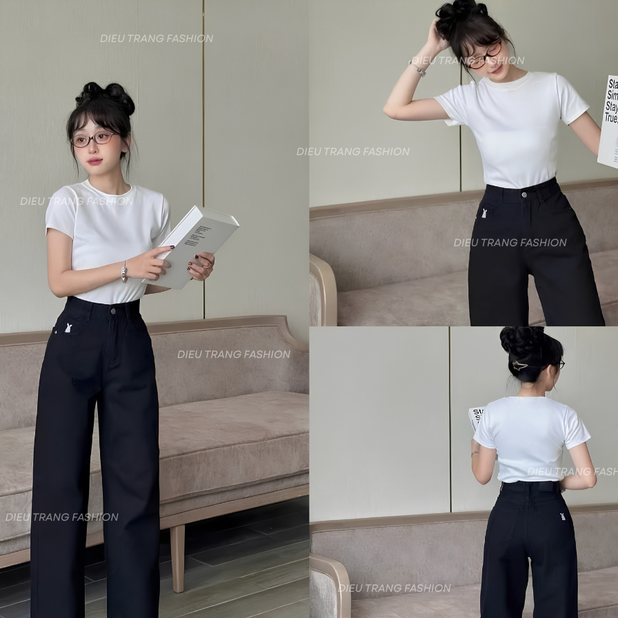 Quần Kaki Nữ Suông Ống Rộng Quần Jean Lưng Cao Thêu Thỏ Suông Dài 100cm Diệu Trang Fashion QC5045