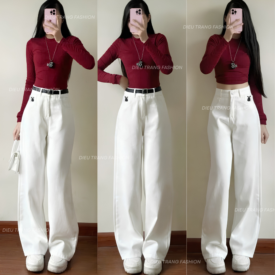 Quần Kaki Nữ Suông Ống Rộng Quần Jean Lưng Cao Thêu Thỏ Suông Dài 100cm Diệu Trang Fashion QC5045