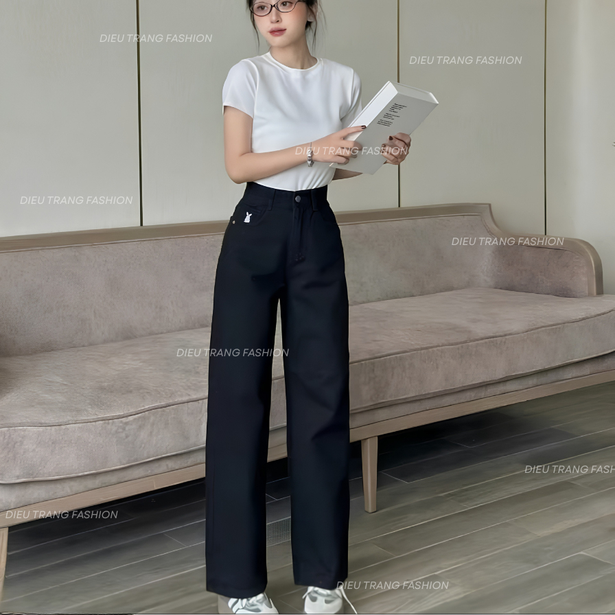 Quần Kaki Nữ Suông Ống Rộng Quần Jean Lưng Cao Thêu Thỏ Suông Dài 100cm Diệu Trang Fashion QC5045
