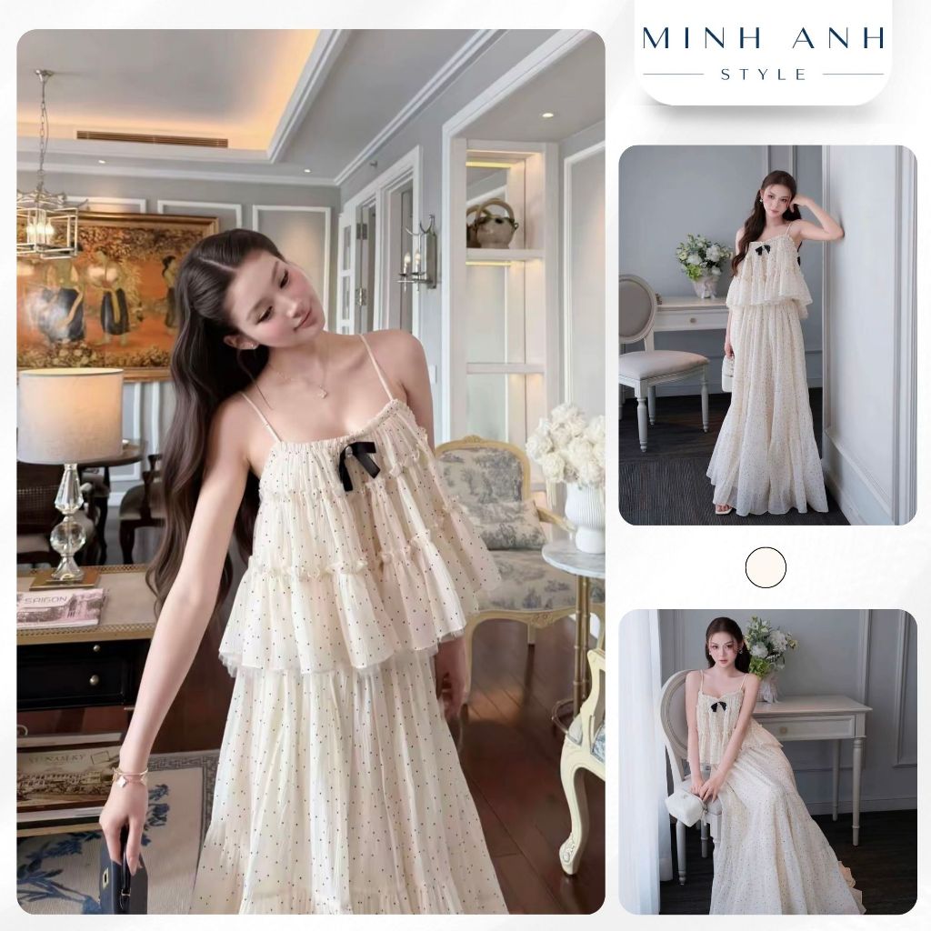 Set áo 2 dây bèo tầng chấm bi nơ đen phối chân váy dài, set đi biển đi du lịch sang chảnh tiểu thư H10