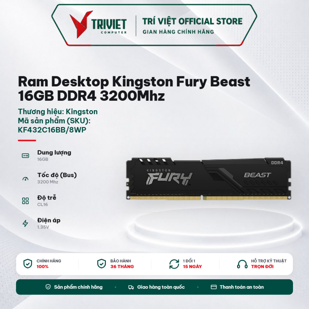 Ram Desktop Kingston Fury Beast 16GB DDR4 3200Mhz - Tản Nhiệt Nhôm, Hiệu Năng Cao,  Tương Thích Intel & AMD | BigBuy360 - bigbuy360.vn