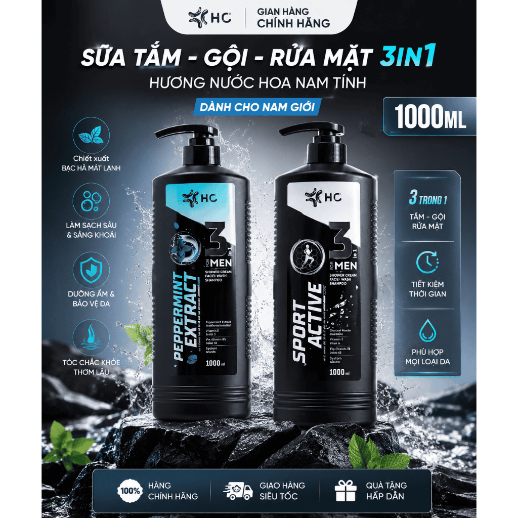 Sữa Tắm Gội Rửa Mặt 3in1 Nam HC For Men 1000ml - Hương Nước Hoa Nam Tính - Hàng Chính Hãng Thái Lan