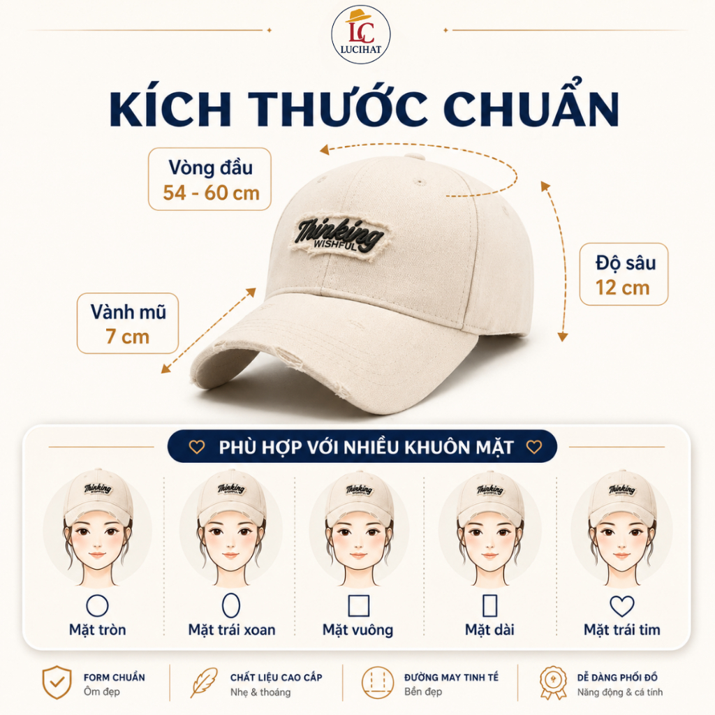 Mũ lưỡi trai LUCIHAT thêu chữ Thinking phối rách form cứng, nón thời trang nam nữ vải kaki cao cấp