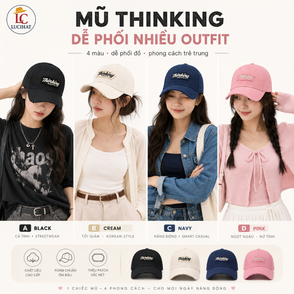 Mũ lưỡi trai LUCIHAT thêu chữ Thinking phối rách form cứng, nón thời trang nam nữ vải kaki cao cấp