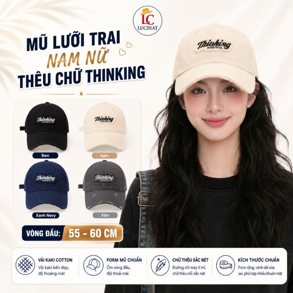 Mũ lưỡi trai LUCIHAT thêu chữ Thinking phối rách form cứng, nón thời trang nam nữ vải kaki cao cấp