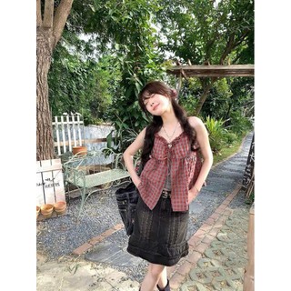 Set Áo Nữ Hai Dây Kẻ Caro Vải Thô Cotton Buộc Nơ Babydoll Cottage Cami Liền Áo Dây Thun  - Cakecat