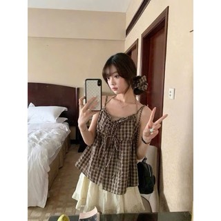 Set Áo Nữ Hai Dây Kẻ Caro Vải Thô Cotton Buộc Nơ Babydoll Cottage Cami Liền Áo Dây Thun  - Cakecat