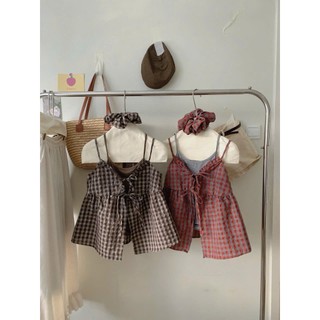 Set Áo Nữ Hai Dây Kẻ Caro Vải Thô Cotton Buộc Nơ Babydoll Cottage Cami Liền Áo Dây Thun  - Cakecat