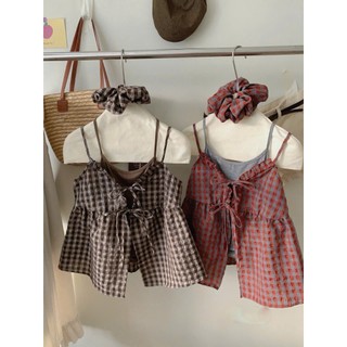 Set Áo Nữ Hai Dây Kẻ Caro Vải Thô Cotton Buộc Nơ Babydoll Cottage Cami Liền Áo Dây Thun  - Cakecat