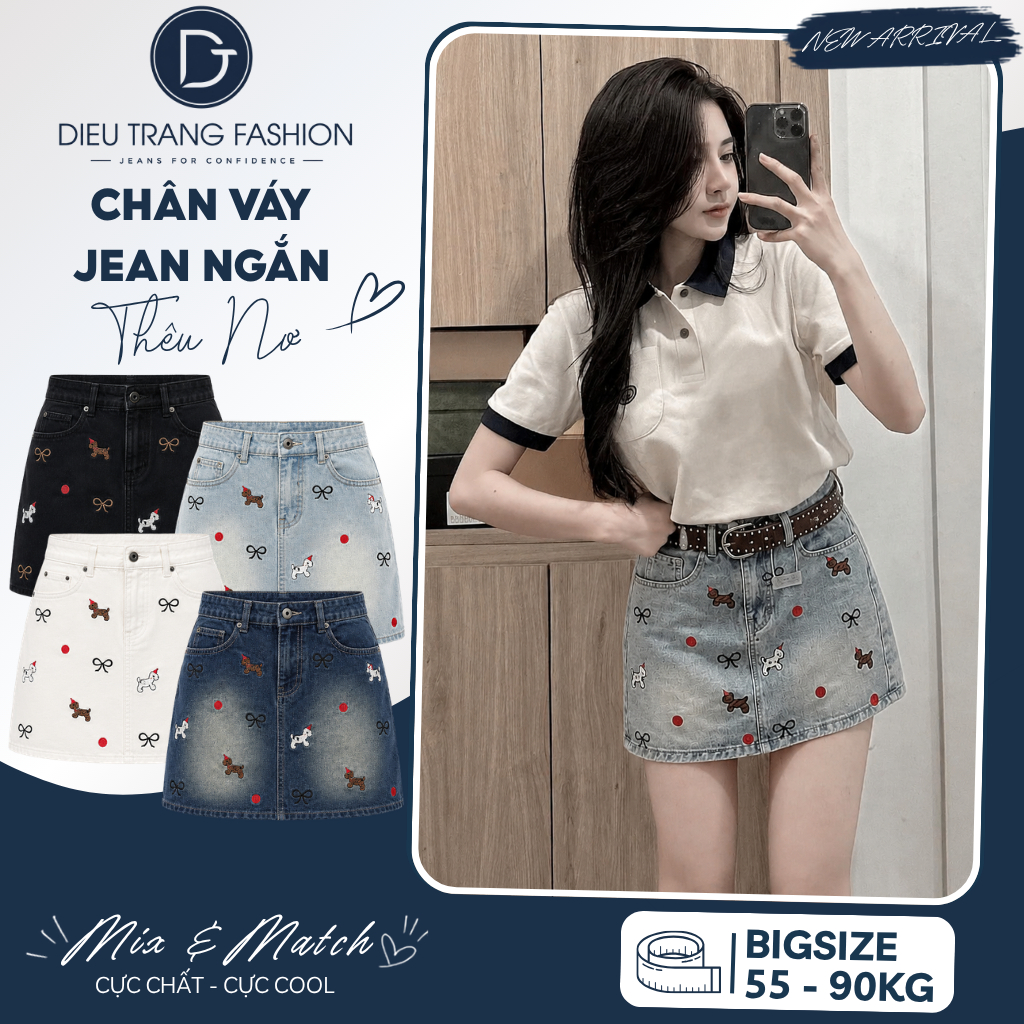 Chân Váy Ngắn Chữ A Cạp Cao Bigsize Chất Jean Mềm Mại Thêu Họa Tiết Ngựa DIEUTRANG_FASHION QC2119
