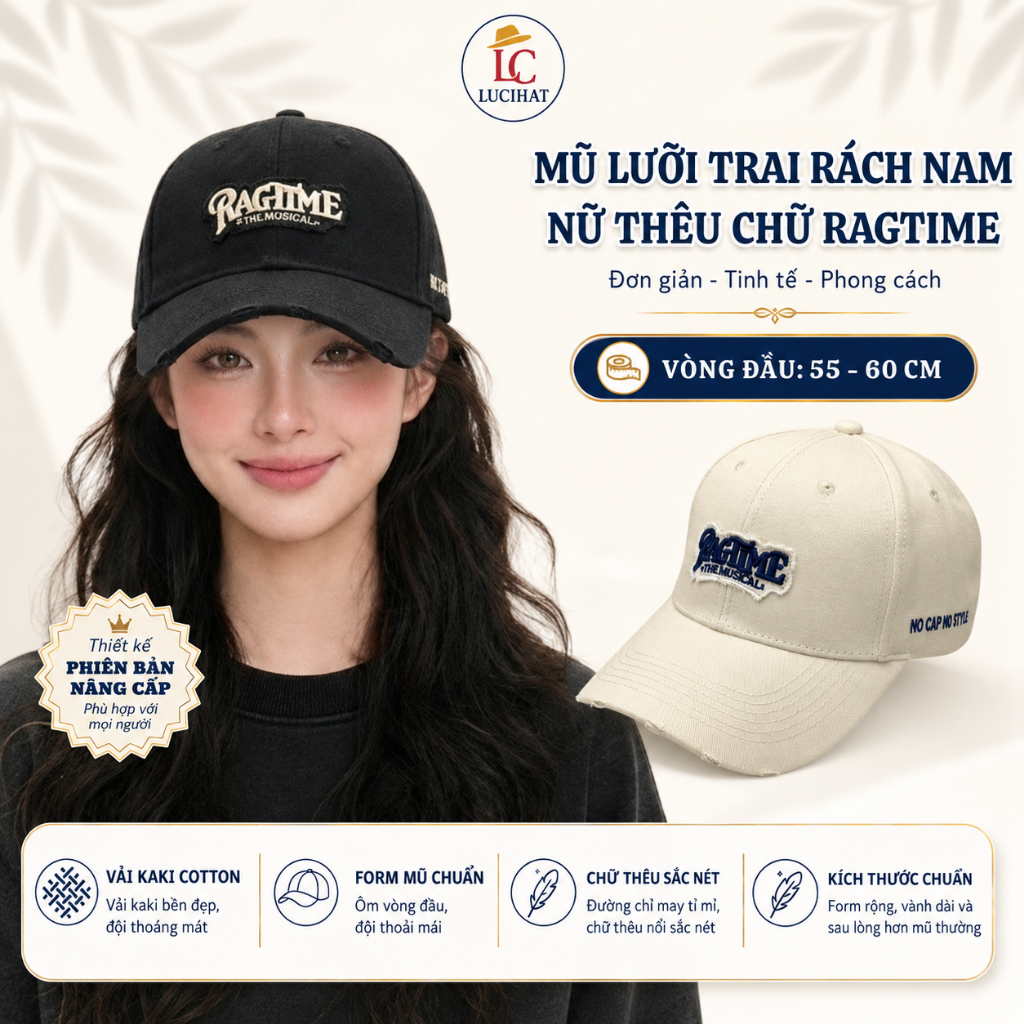 Mũ lưỡi trai Ragtime chất vải kaki cao cấp form cứng, nón kết thời trang nam nữ phối rách cá tính phong cách Hàn Quốc