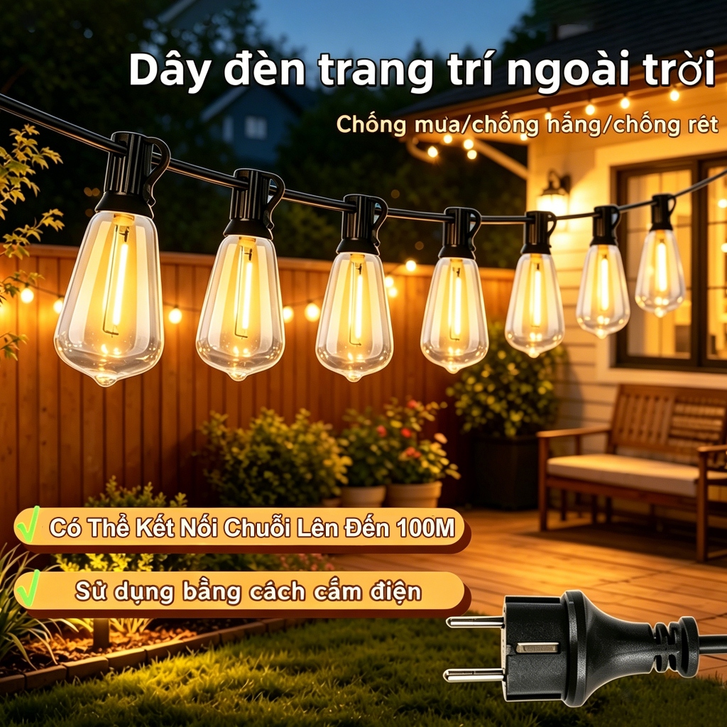 5-15m Dây đui đèn trang trí thả ngoài trời kiotool đúc chống nước quán cà phê, trà chanh, đèn sân vườn 【Kèm Bóng Đèn】