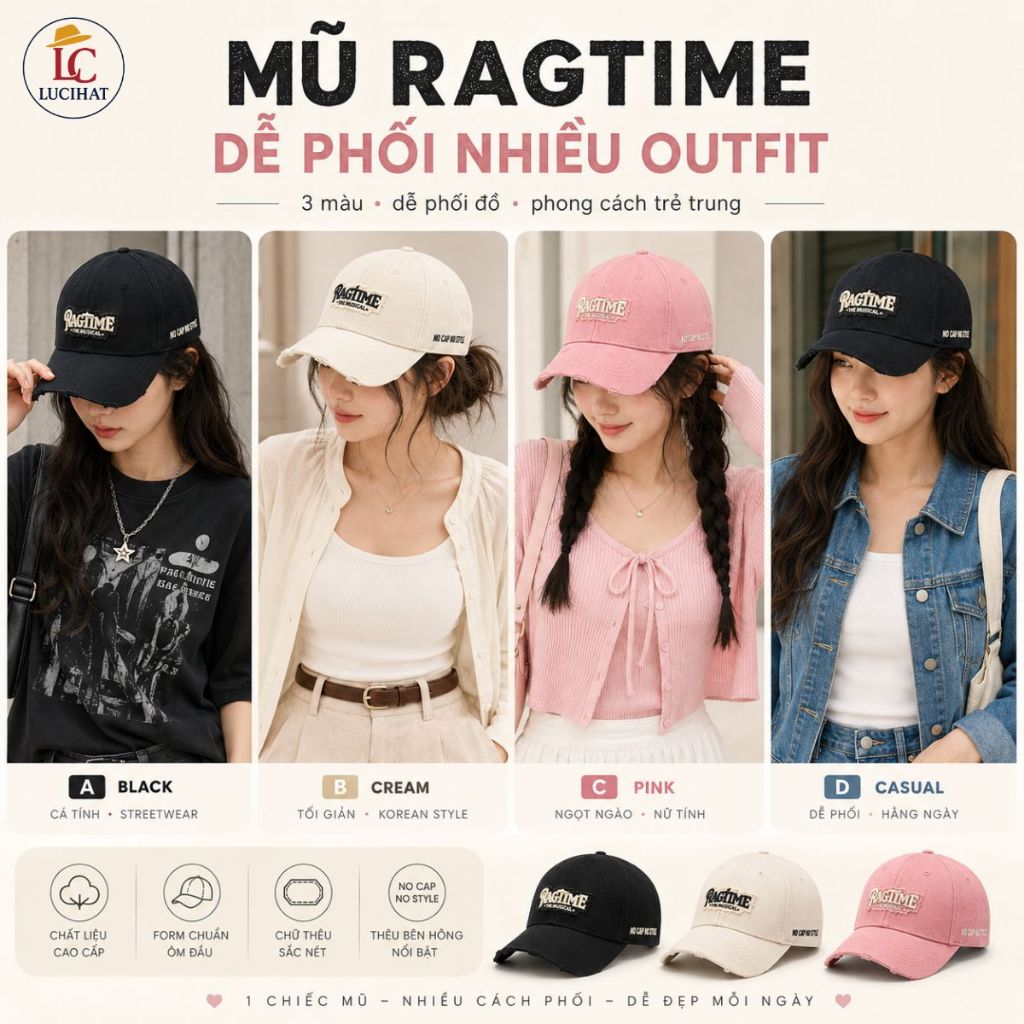 Mũ lưỡi trai Ragtime chất vải kaki cao cấp form cứng, nón kết thời trang nam nữ phối rách cá tính phong cách Hàn Quốc