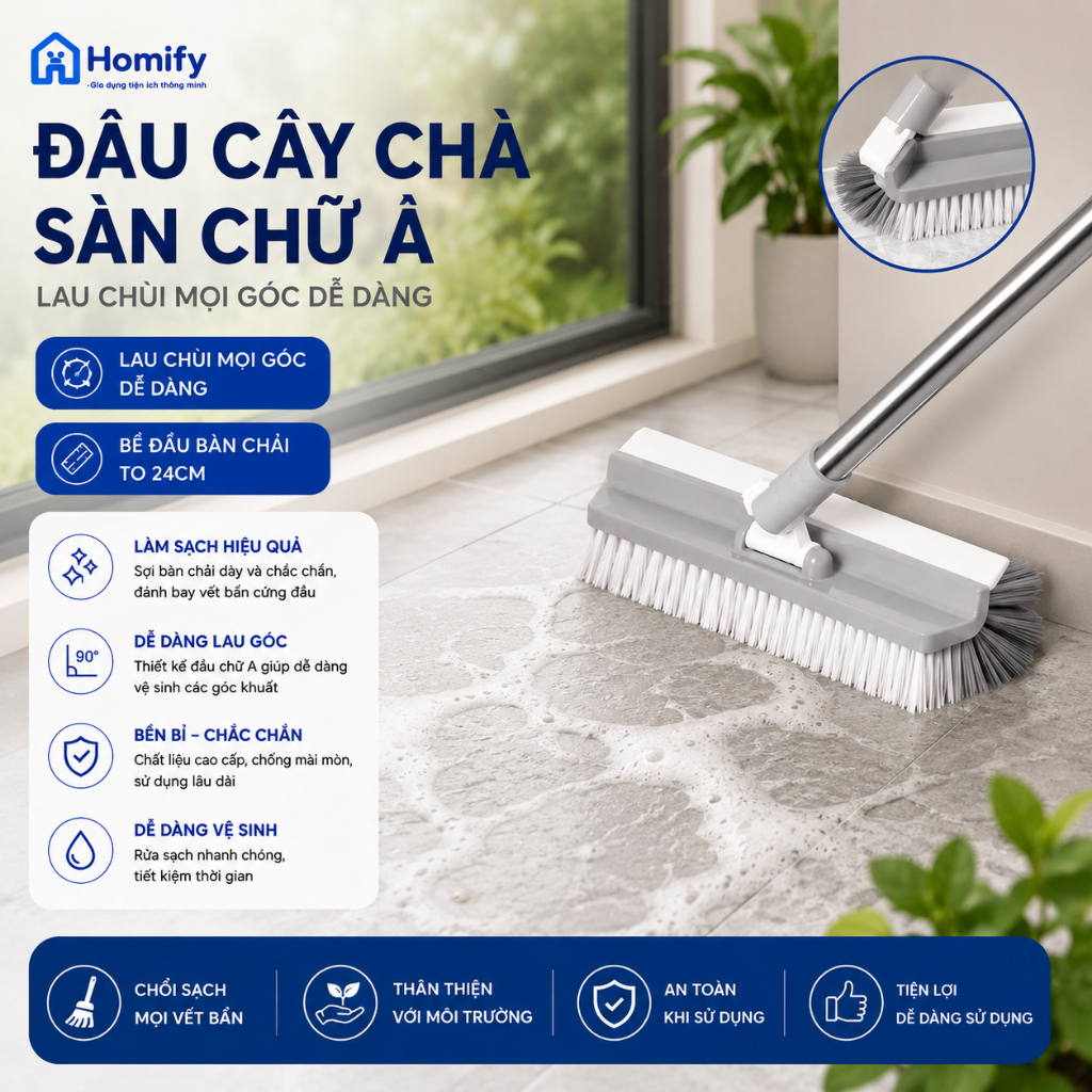 Cây Chà Sàn Chữ A Homify 24cm Có Gạt Nước – Bàn Chải Chà Sàn Nhà Tắm, Nhà Bếp, Làm Sạch Góc Tường Đa Năng