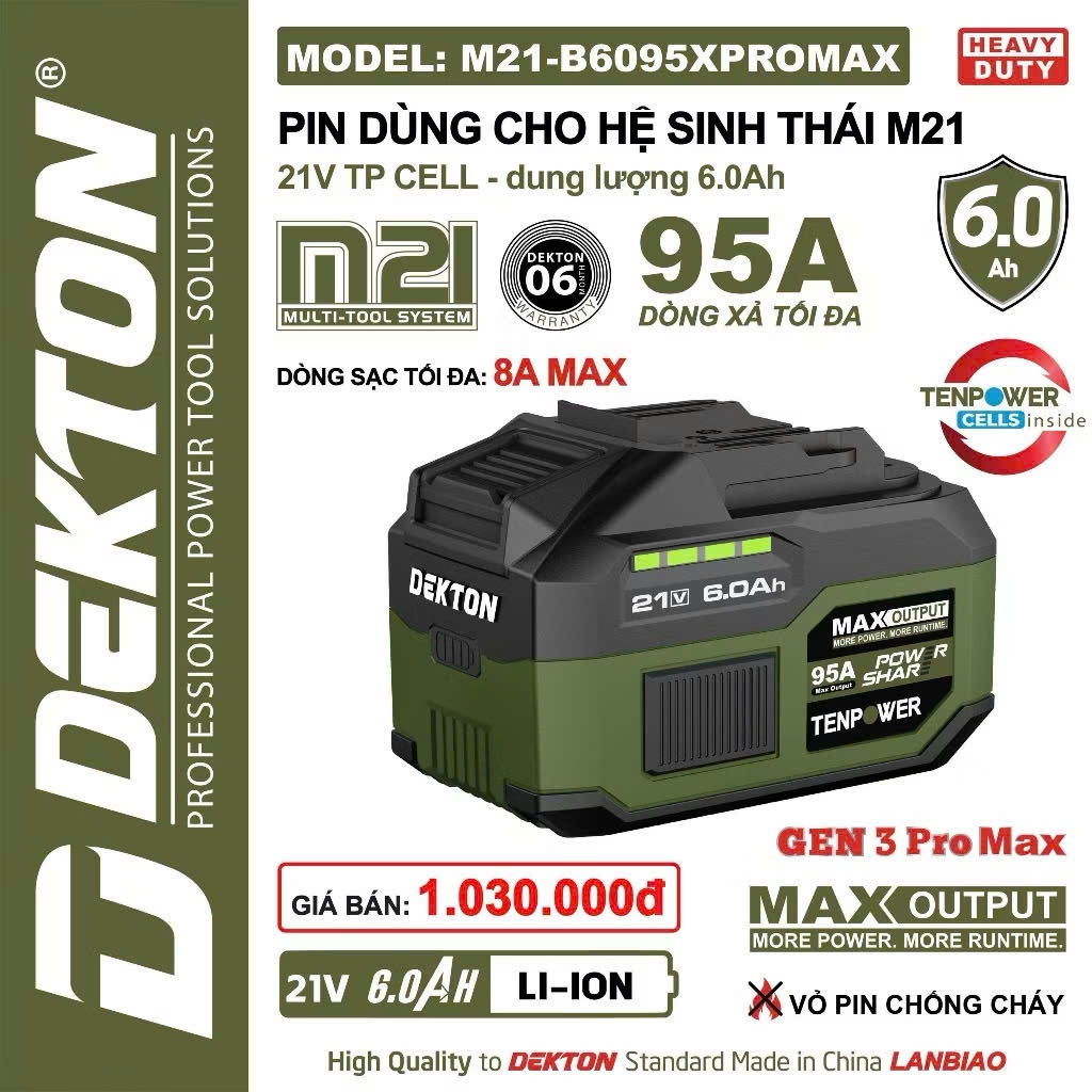 Pin 15Cell 6Ah Dekton M21-B6095A / M21-B6095PRO / M21-B6095PROMAX Dòng Xả 95A, Vỏ chống cháy, Chân pin phổ thông