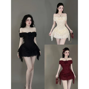 Váy đầm nữ trễ vai ren sang chảnh diện tiệc phối vạt hông a24