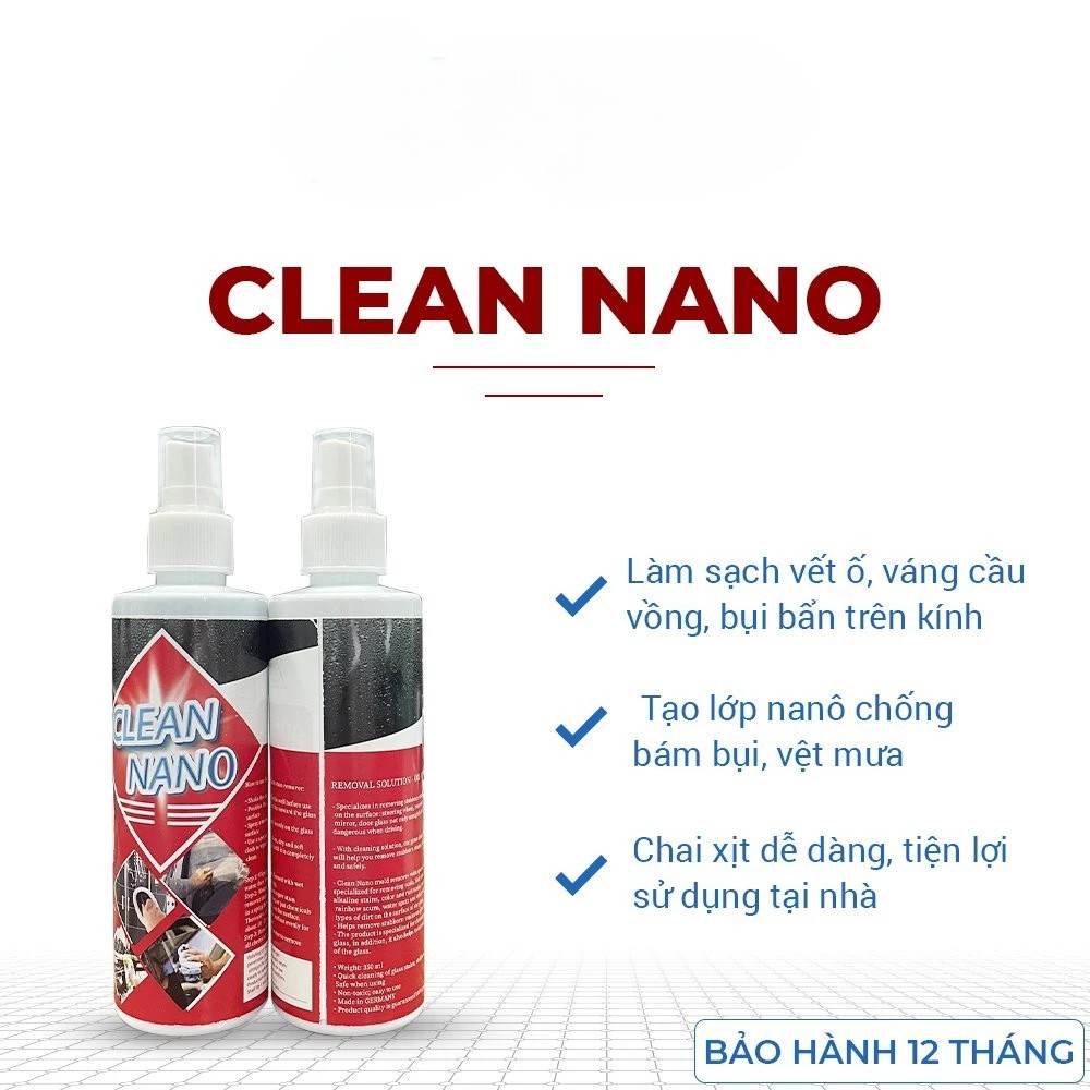 Clean Nano Xịt Tẩy Ố Kính 250ml - Tẩy Cặn Canxi Vết Ố Kính Vết Mưa Axit Chống Bám Nước Cho Kính Ô Tô