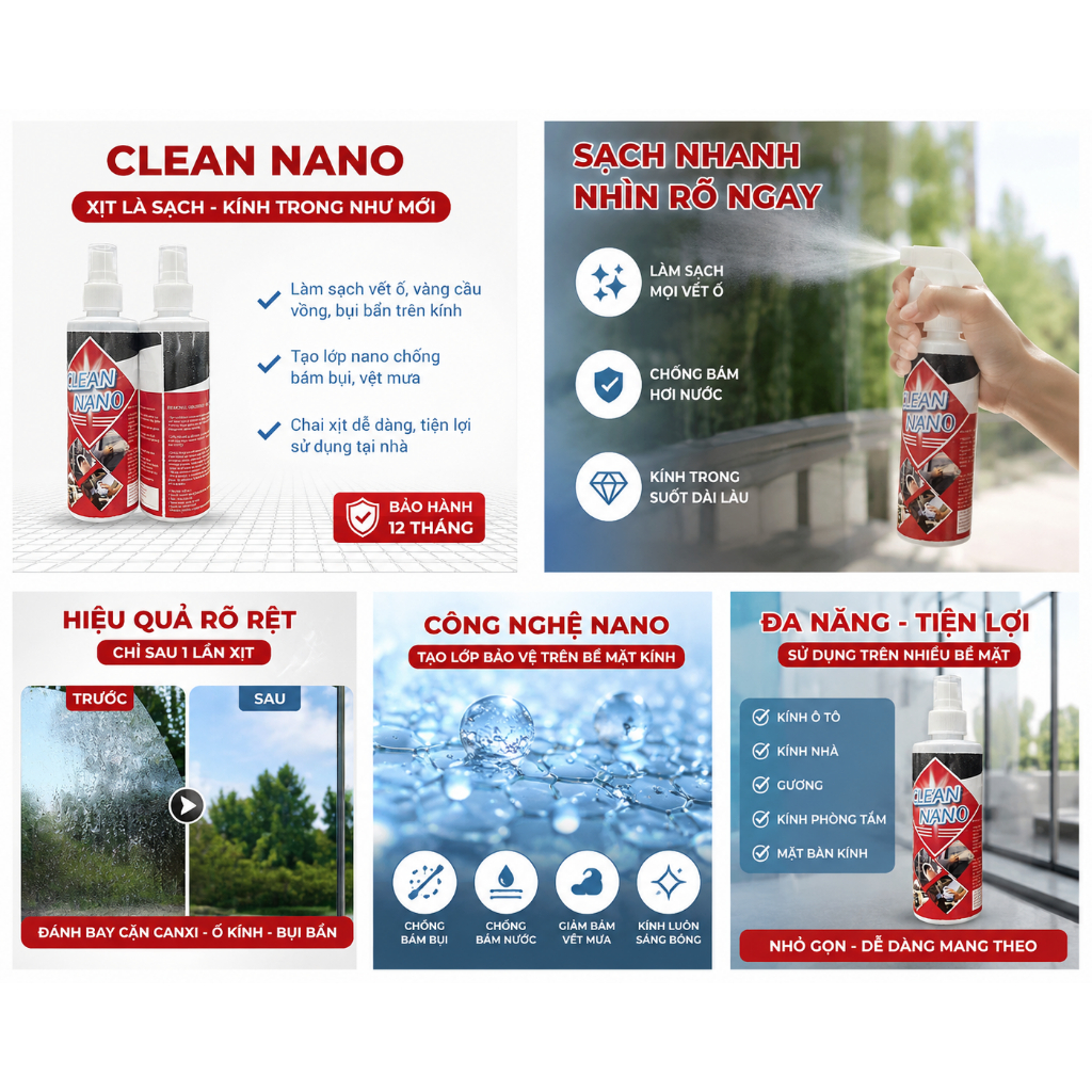 Clean Nano Xịt Tẩy Ố Kính 250ml - Tẩy Cặn Canxi Vết Ố Kính Vết Mưa Axit Chống Bám Nước Cho Kính Ô Tô