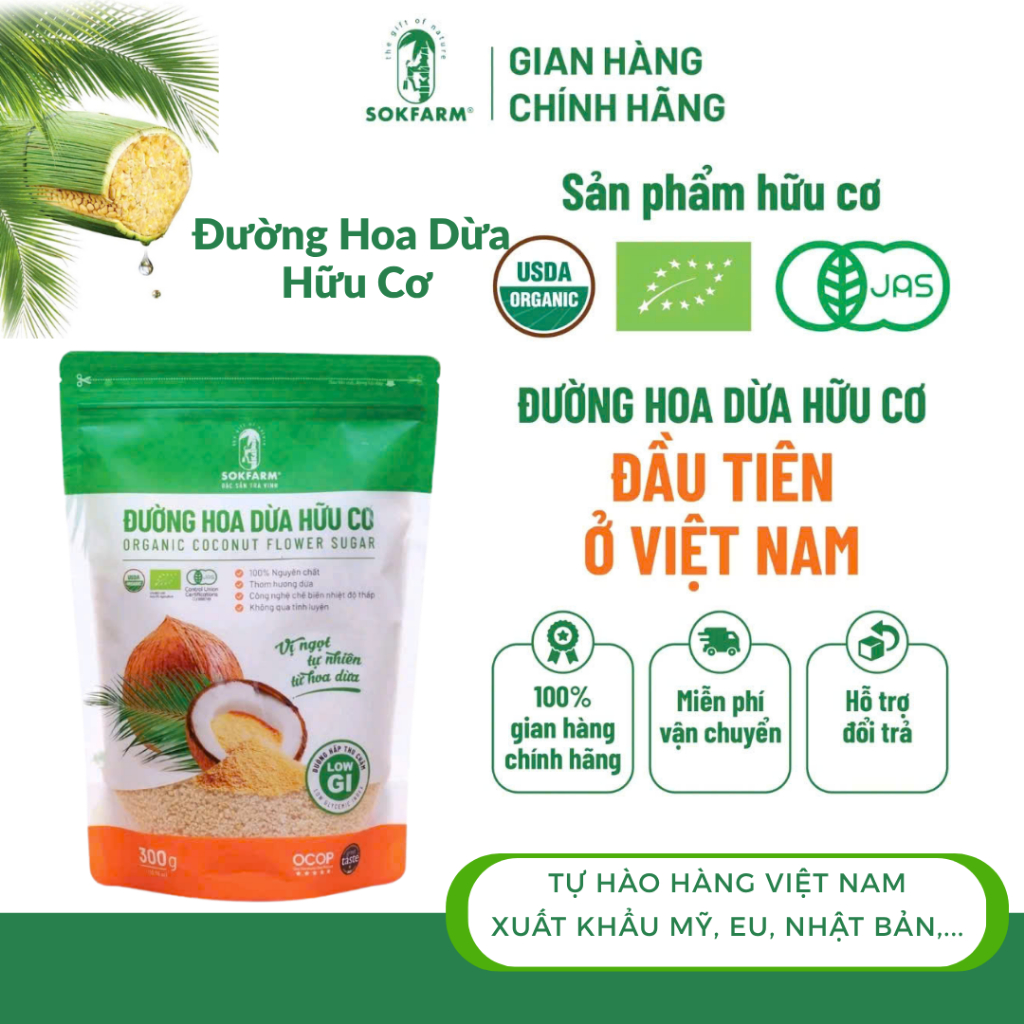 [SALE TÚI 300GR] Đường Hoa Dừa Organic Sokfarm ngọt thanh tự nhiên, thơm hương dừa,chỉ số đường thấp