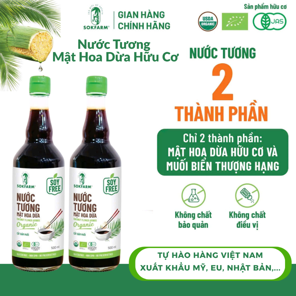 Nước tương Mật Hoa Dừa Organic Sokfarm hữu cơ 500ml, không đậu nành, thuần chay,giảm muối, thơm ngon