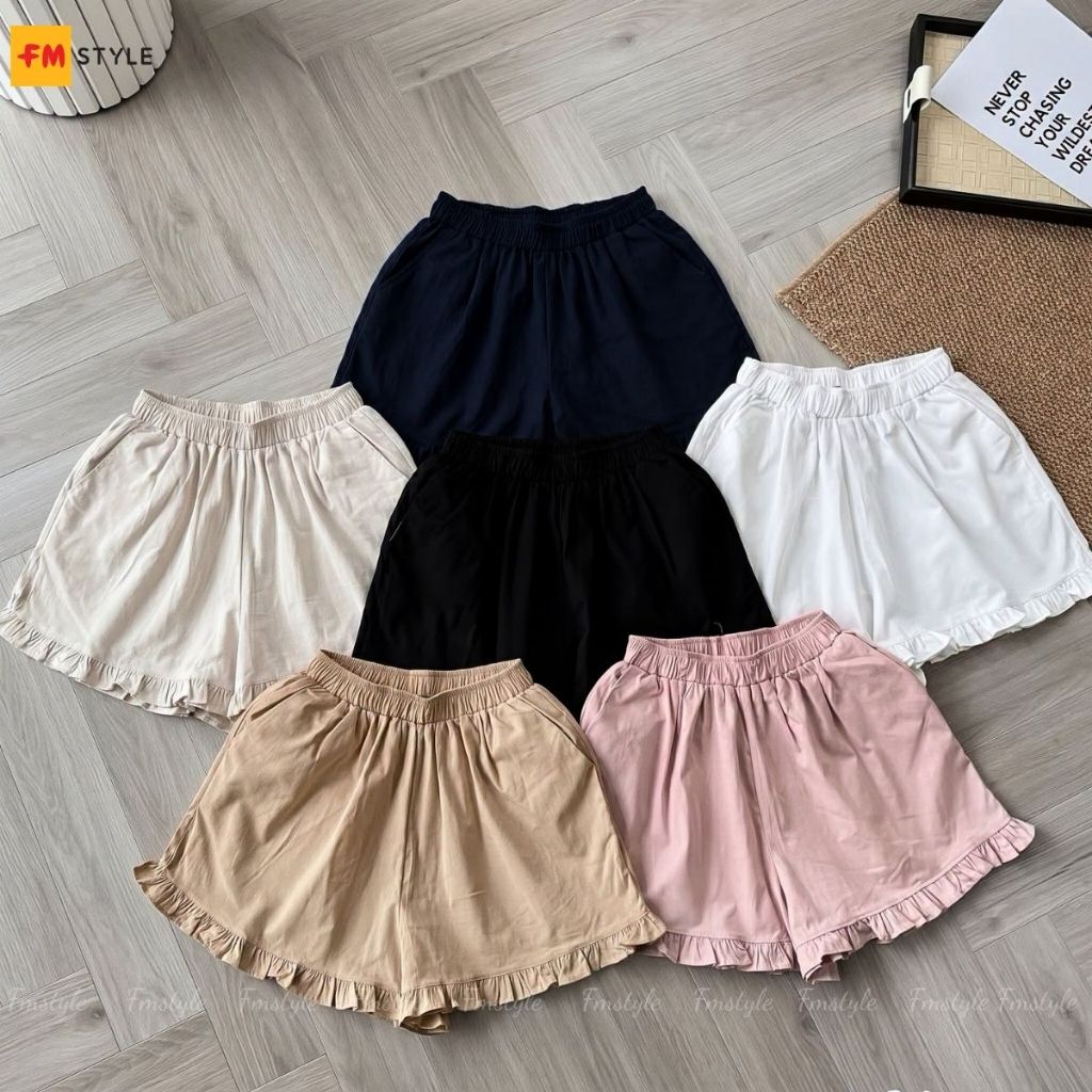 Quần Đùi Kaki Mềm Nữ FMSTYLE Lưng Thun Viền Bèo Năng Động Mặc Hằng Ngày 26051208
