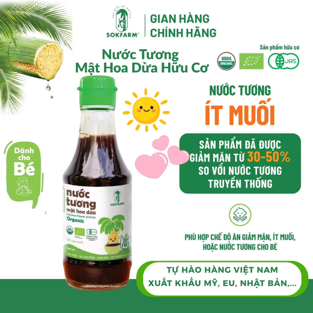 [Chai 200ml ít muối CHO BÉ] Nước tương Mật Hoa Dừa hữu cơ lên men Sokfarm không đậu nành,thuần chay