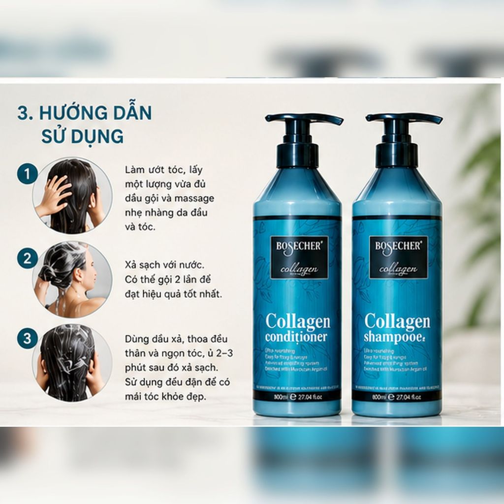 Combo Dầu Gội Xả BOSECHER Collagen 800ml | Dưỡng Ẩm Tóc Khô Xơ, Mềm Mượt Chuẩn Salon