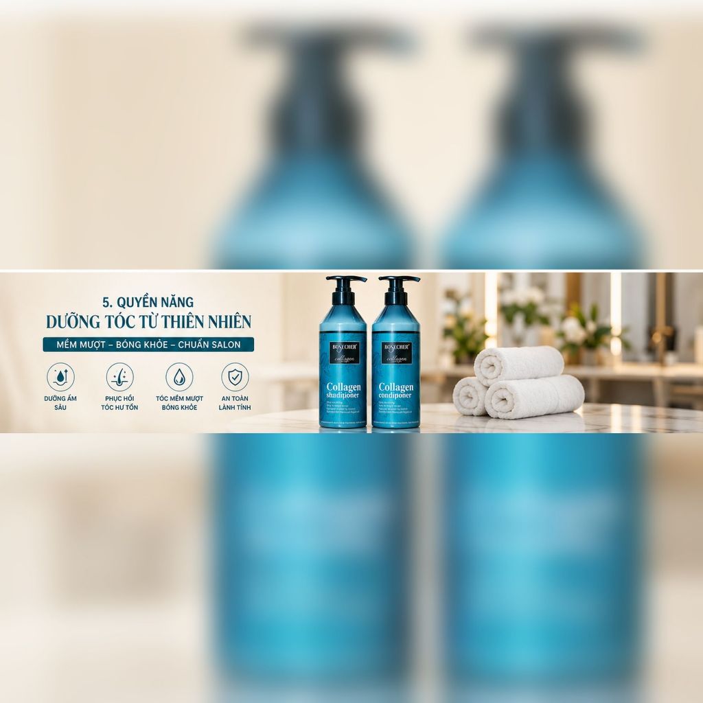 Combo Dầu Gội Xả BOSECHER Collagen 800ml | Dưỡng Ẩm Tóc Khô Xơ, Mềm Mượt Chuẩn Salon