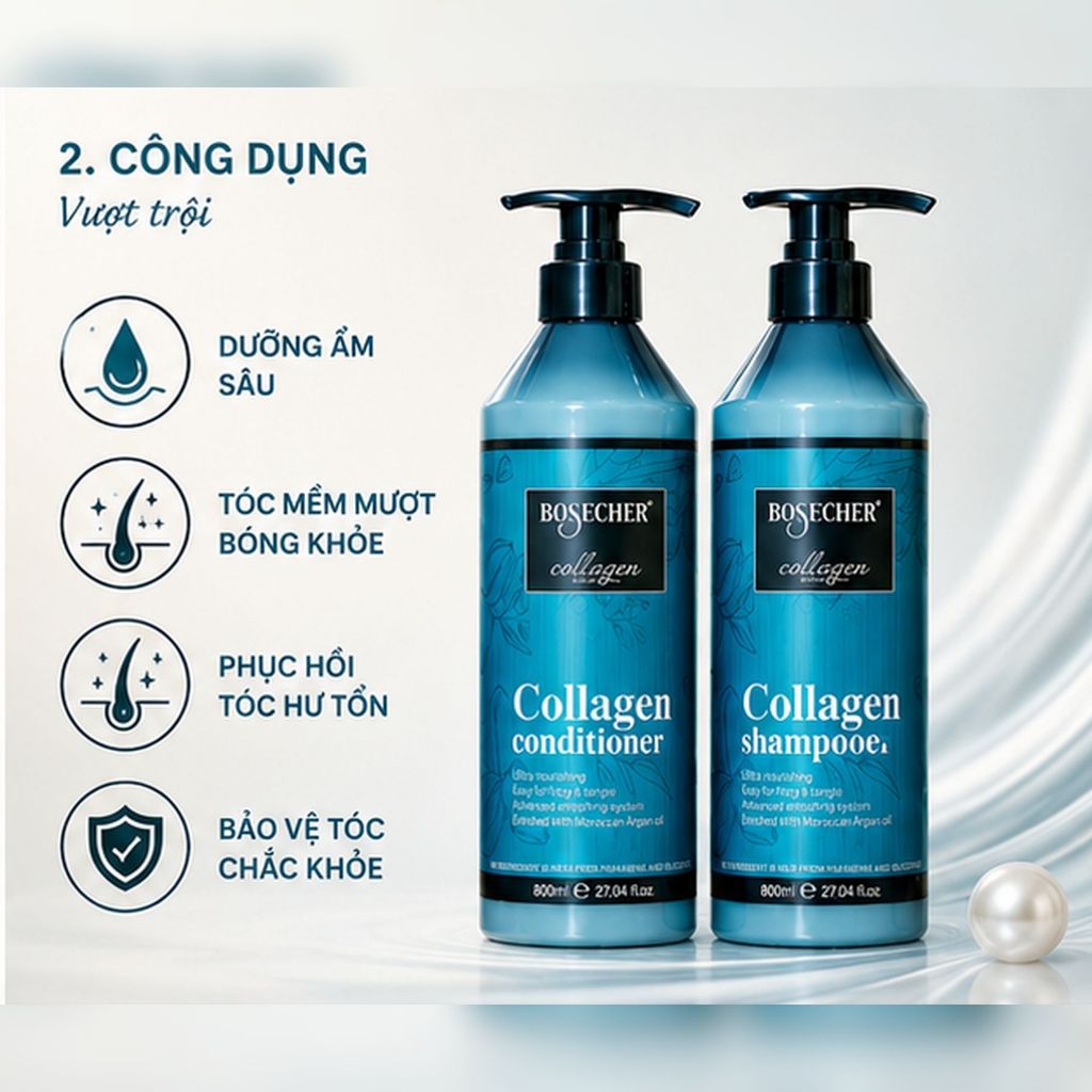 Combo Dầu Gội Xả BOSECHER Collagen 800ml | Dưỡng Ẩm Tóc Khô Xơ, Mềm Mượt Chuẩn Salon