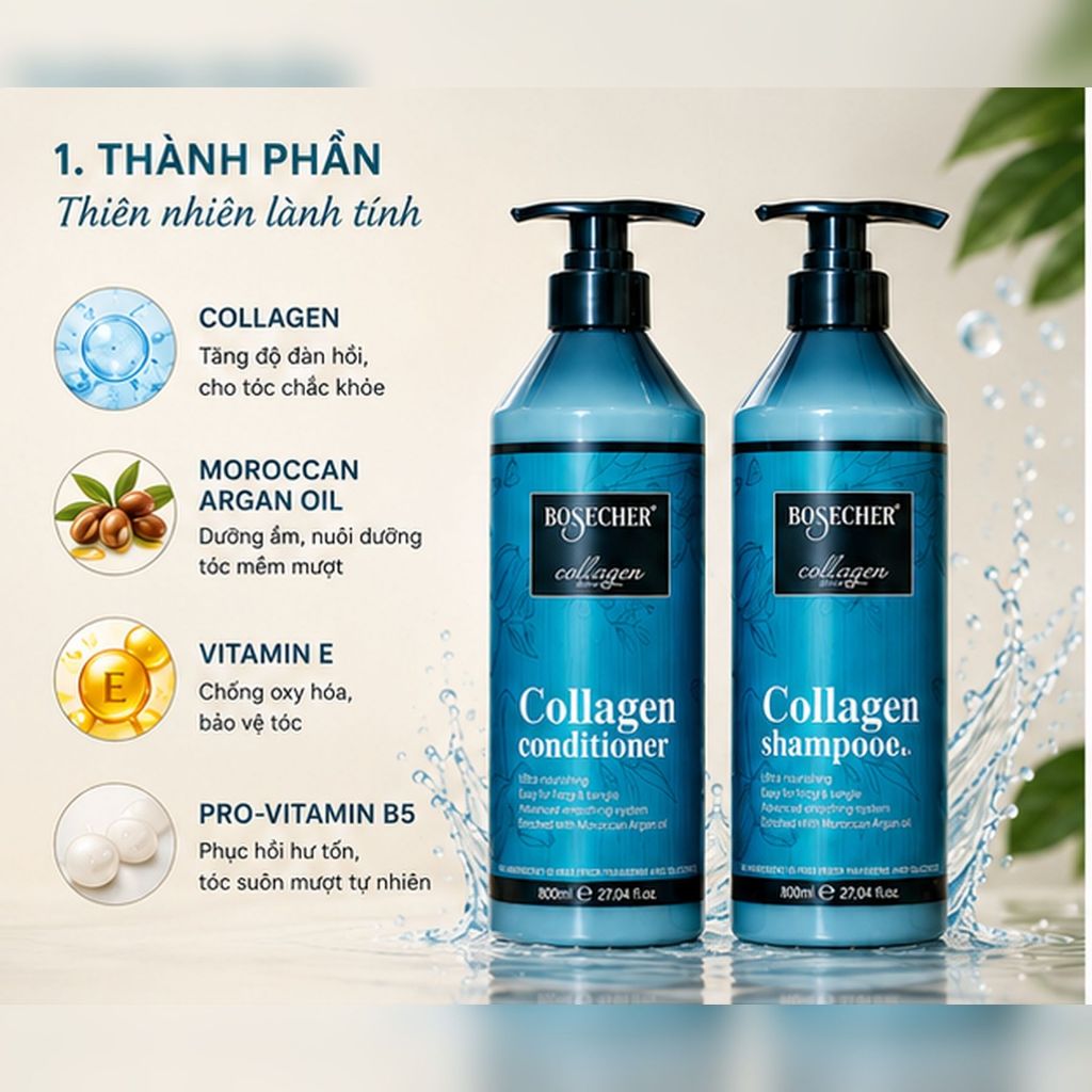 Combo Dầu Gội Xả BOSECHER Collagen 800ml | Dưỡng Ẩm Tóc Khô Xơ, Mềm Mượt Chuẩn Salon
