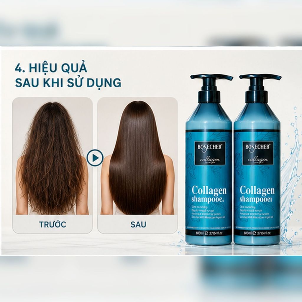 Combo Dầu Gội Xả BOSECHER Collagen 800ml | Dưỡng Ẩm Tóc Khô Xơ, Mềm Mượt Chuẩn Salon
