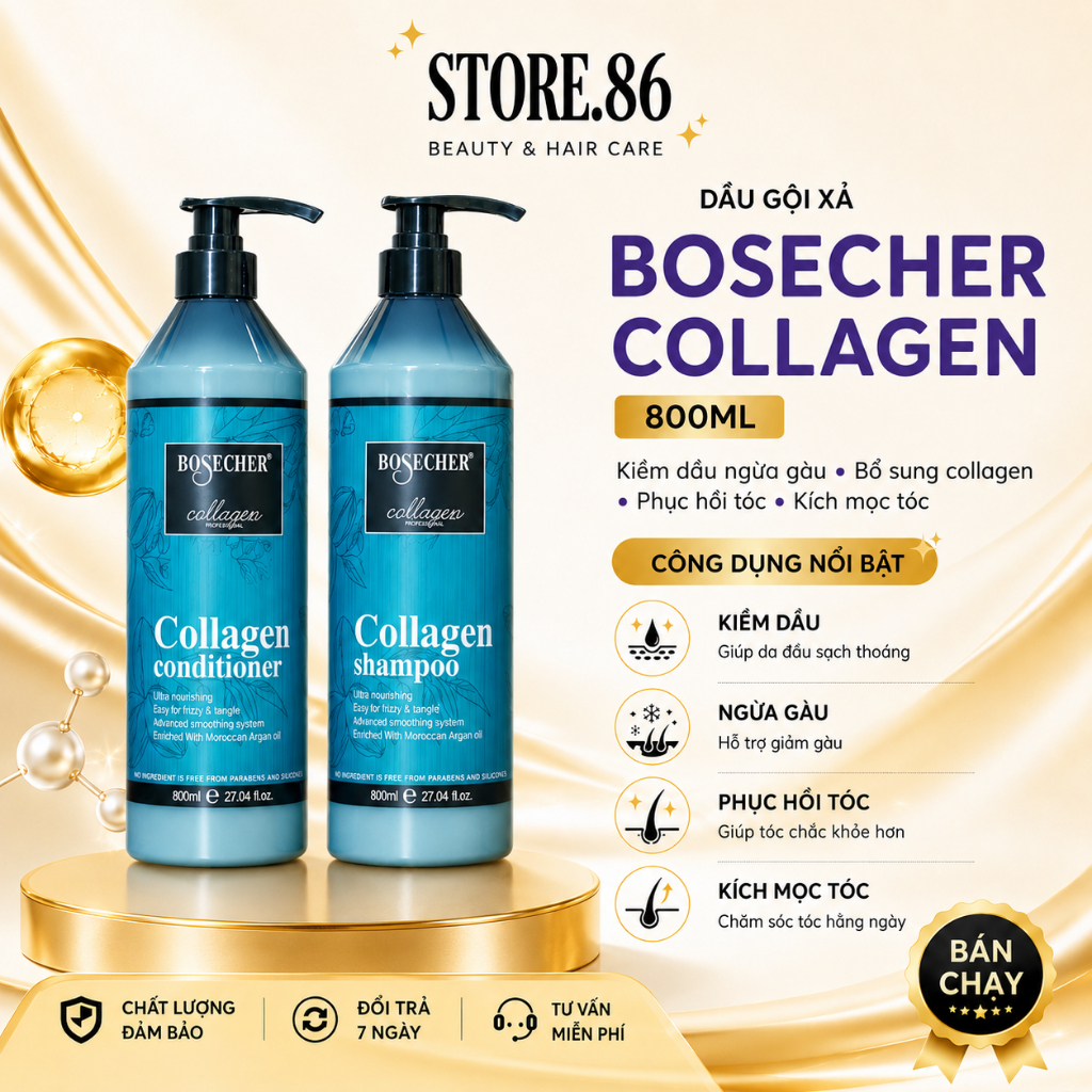 Combo Dầu Gội Xả BOSECHER Collagen 800ml | Dưỡng Ẩm Tóc Khô Xơ, Mềm Mượt Chuẩn Salon