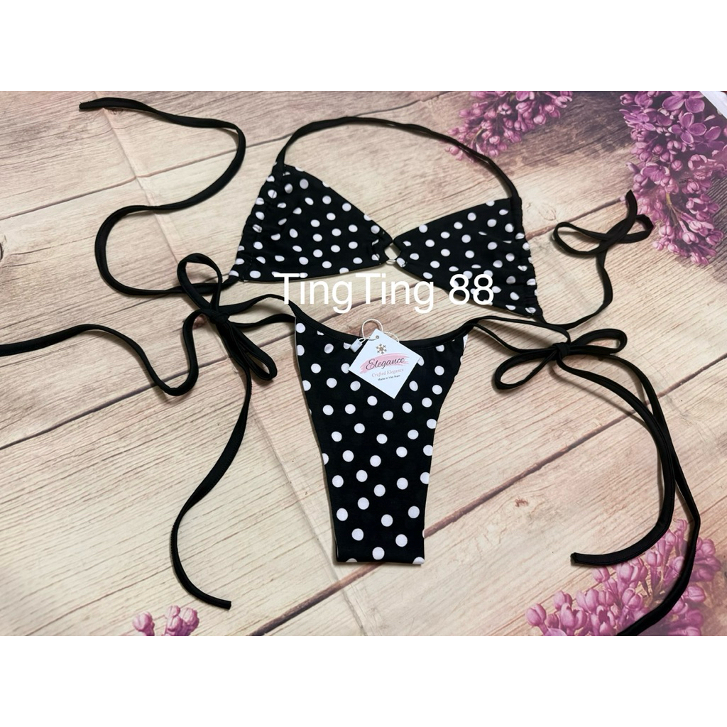 Bikini 2 Mảnh Dây Buộc Quần Rút Dây Sexy TingTing 88 - Màu Chấm Bi Đen Trắng Thu Hút & Quyến Rü