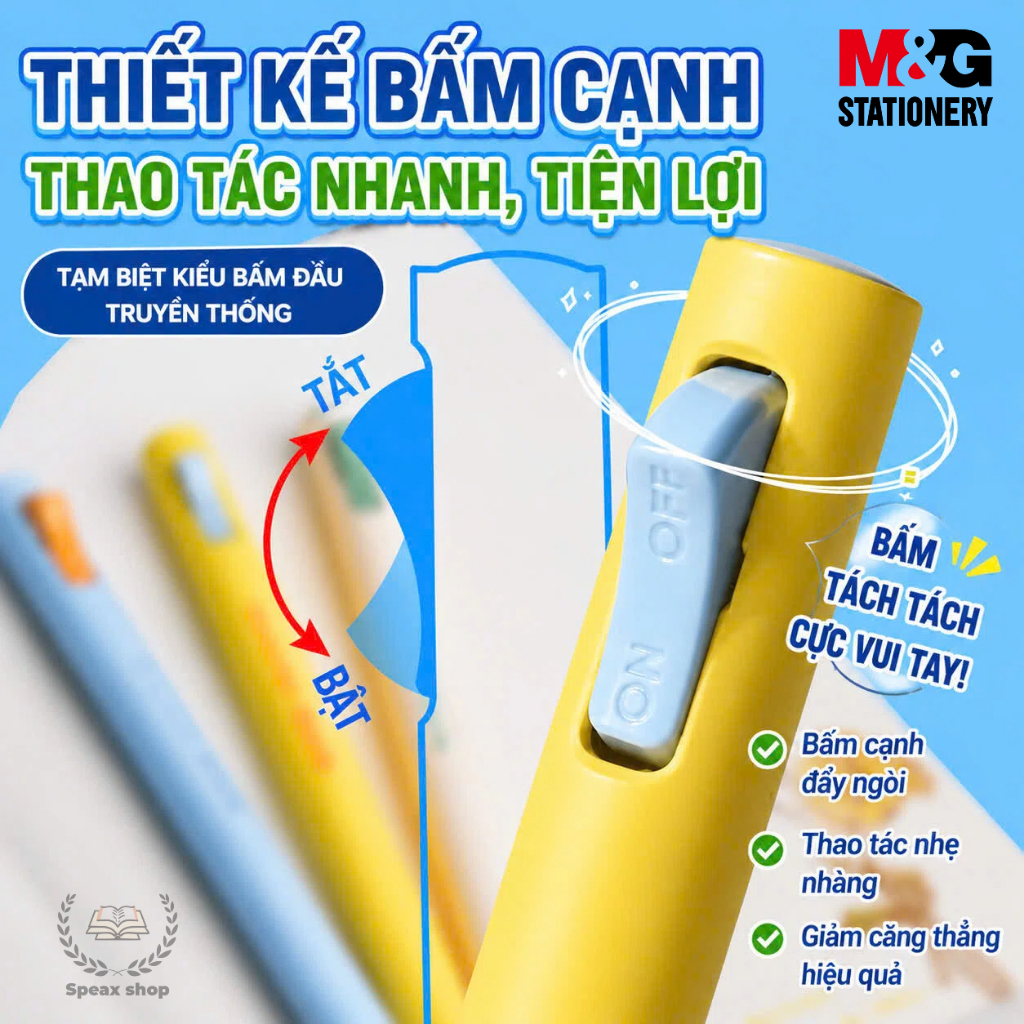Bút Gel Công Tắc M&G 0.5mm – Bút Bấm ON/OFF, Mực Xanh Khô Nhanh, Thân Bút Nặng, Cầm Như Bút Máy