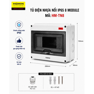 Tủ điện nhựa lắp nổi chống nước IP65 HOMIN có VAT, hộp tủ điện nhựa ABS chống nước 2,3, 5, 8, 12,18,24