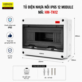 Tủ điện nhựa lắp nổi chống nước IP65 HOMIN có VAT, hộp tủ điện nhựa ABS chống nước 2,3, 5, 8, 12,18,24