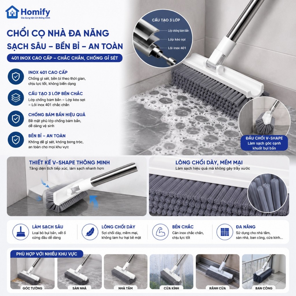 Cây Chà Sàn Chữ A Homify 24cm Có Gạt Nước – Bàn Chải Chà Sàn Nhà Tắm, Nhà Bếp, Làm Sạch Góc Tường Đa Năng
