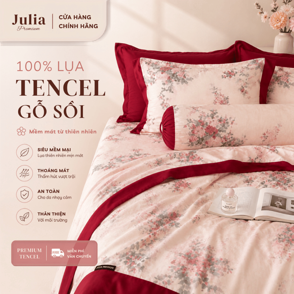 Bộ Chăn Ga Gối Lụa Tencel 100% Gỗ Sồi Cao Cấp Julia- Mềm Mịn, Mát Lạnh, Ga Giường Bọc Thun – Nhiều Màu J9H