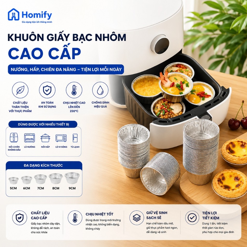 Combo 50/100/200 Chén Giấy Bạc Nhôm Homify - Khuôn Nướng Bánh, Hấp Bánh Bao, Đựng Thực Phẩm