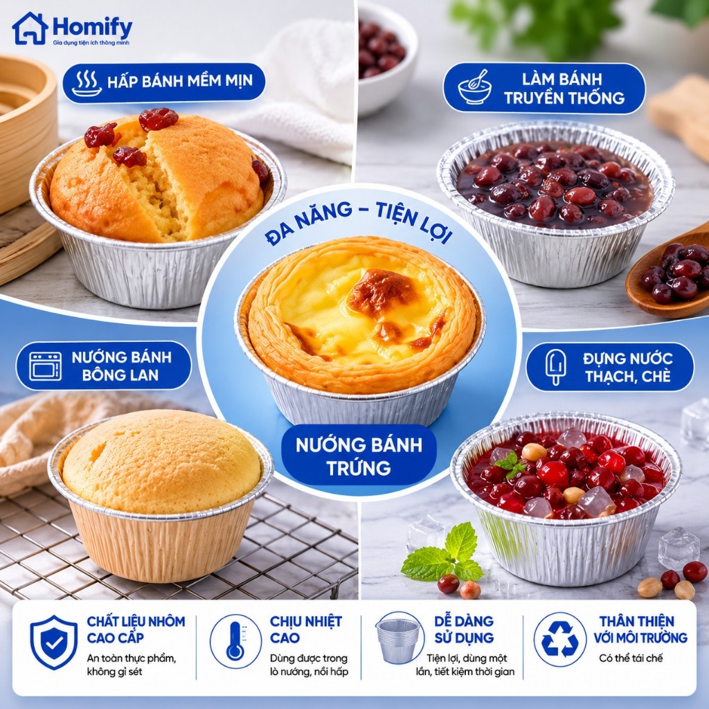 Combo 50/100/200 Chén Giấy Bạc Nhôm Homify - Khuôn Nướng Bánh, Hấp Bánh Bao, Đựng Thực Phẩm