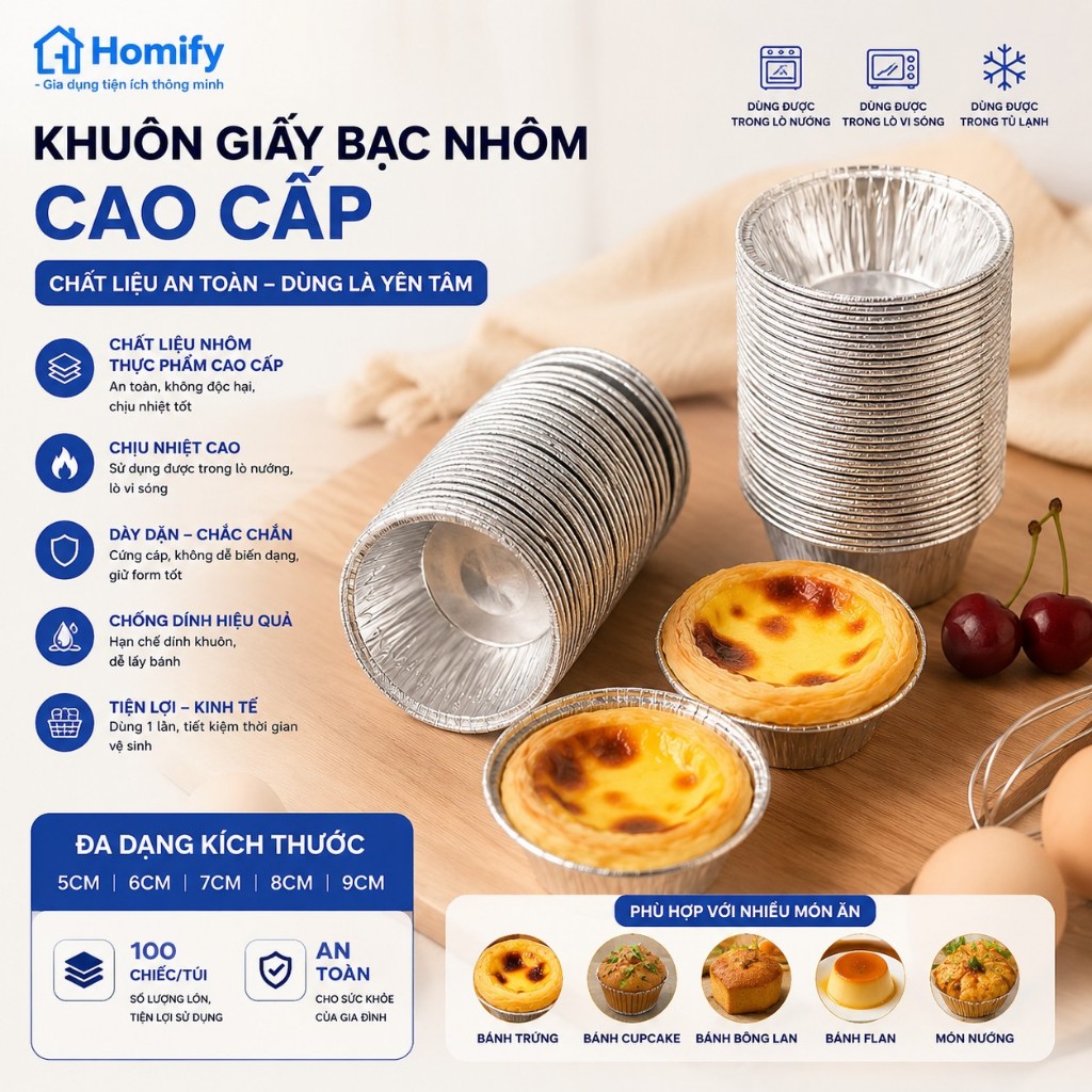 Combo 50/100/200 Chén Giấy Bạc Nhôm Homify - Khuôn Nướng Bánh, Hấp Bánh Bao, Đựng Thực Phẩm