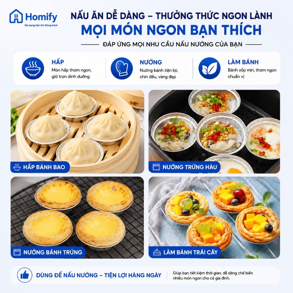 Combo 50/100/200 Chén Giấy Bạc Nhôm Homify - Khuôn Nướng Bánh, Hấp Bánh Bao, Đựng Thực Phẩm