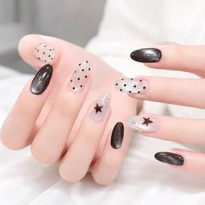 Nailbox [ Mã H66] Mẫu Móng Tay Đen Trắng - Thiết Kế Sao Kết Hợp Chấm Bi Sang Trọng