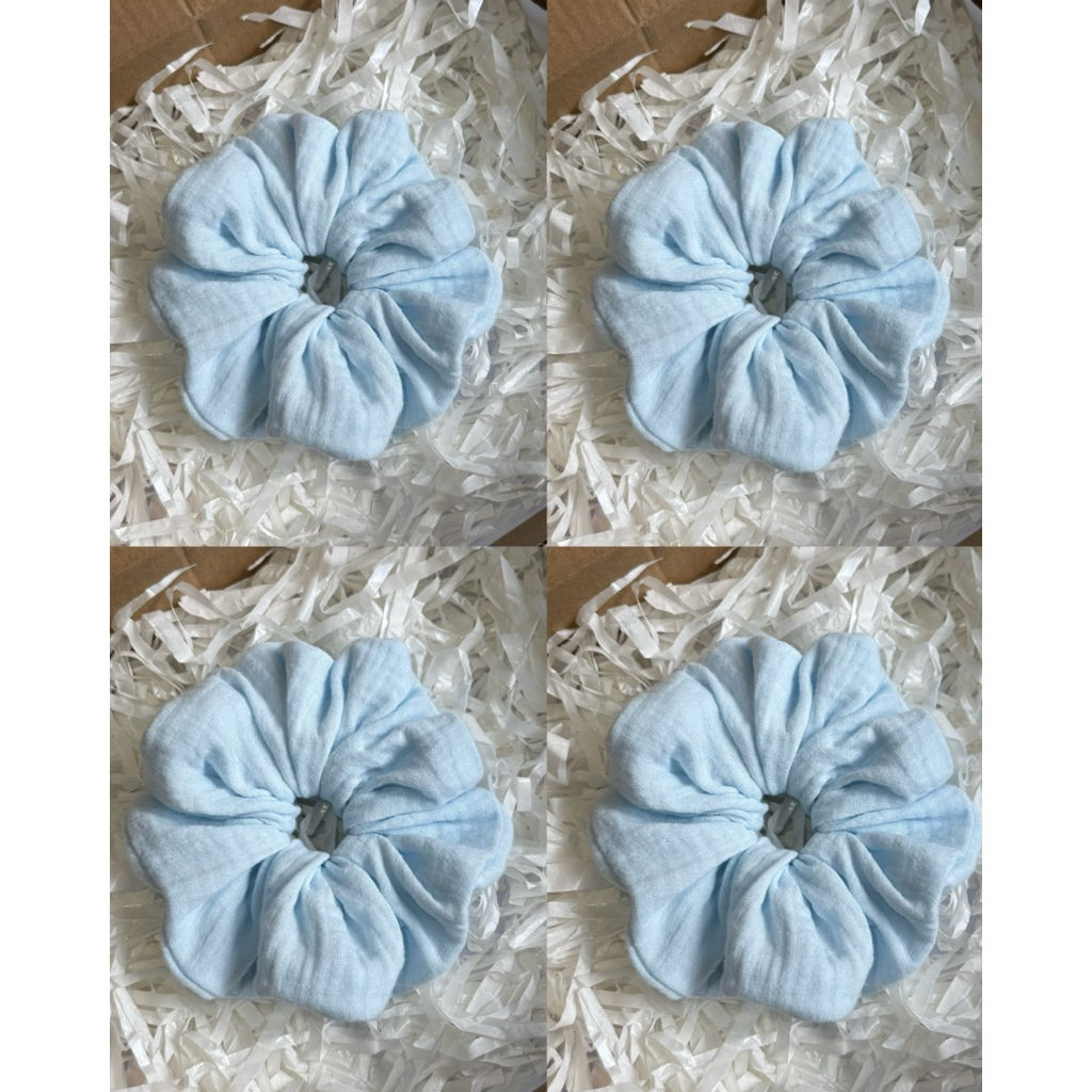 Scrunchies Set Cột Tóc Vải Xô Muslin xanh hoa nhí và màu xanh baby trơn xinh xắn dễ thương đáng yêu