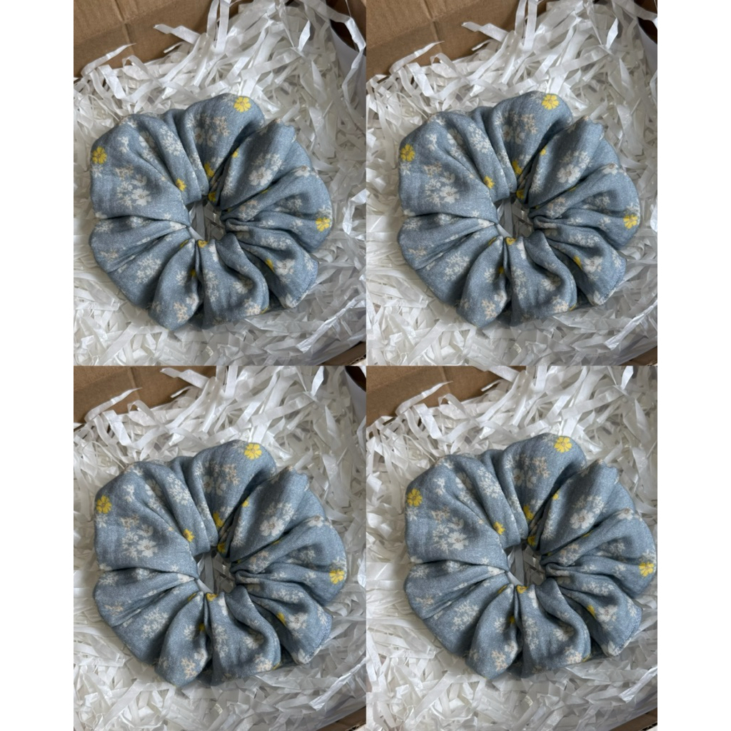 Scrunchies Set Cột Tóc Vải Xô Muslin xanh hoa nhí và màu xanh baby trơn xinh xắn dễ thương đáng yêu