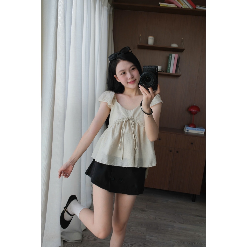 Mori Top (TSW) Áo đũi babydoll nơ ngực tay bèo Nữ the.sweaterweather