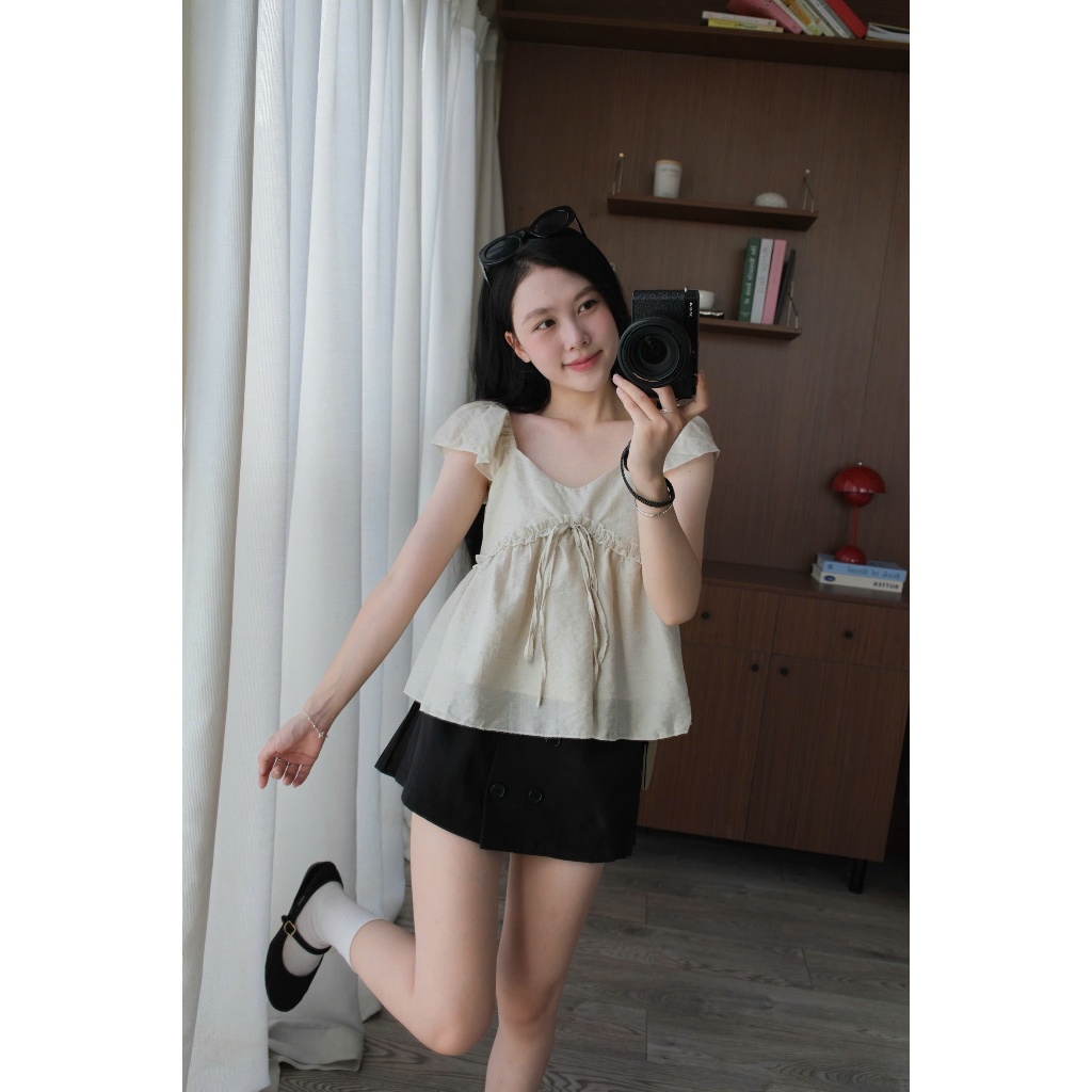 Mori Top (TSW) Áo đũi babydoll nơ ngực tay bèo Nữ the.sweaterweather