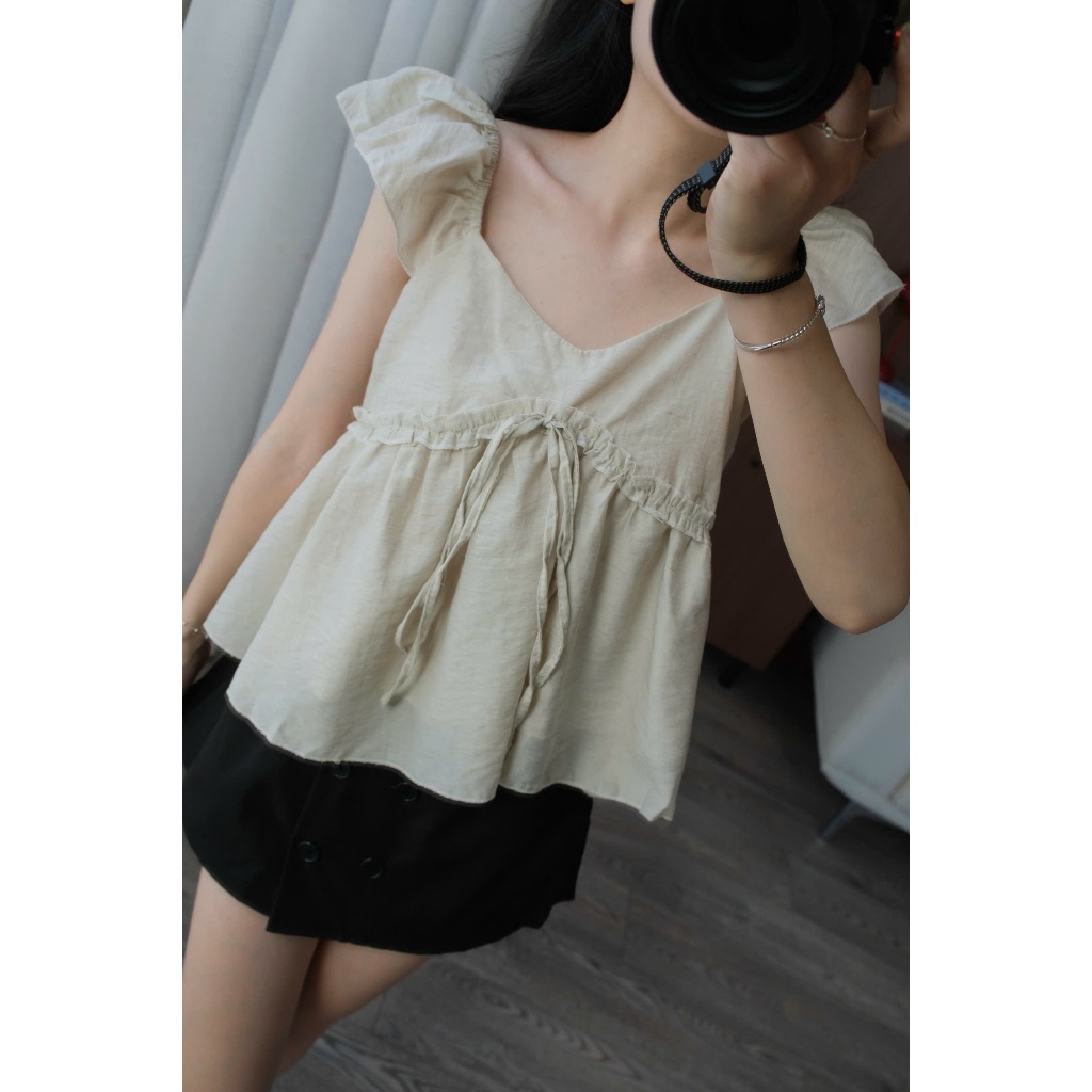 Mori Top (TSW) Áo đũi babydoll nơ ngực tay bèo Nữ the.sweaterweather